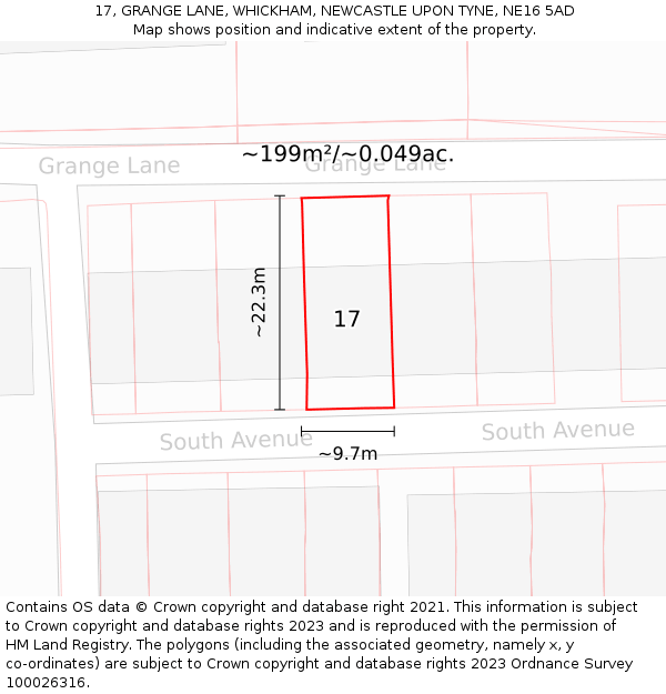 17, GRANGE LANE, WHICKHAM, NEWCASTLE UPON TYNE, NE16 5AD: Plot and title map