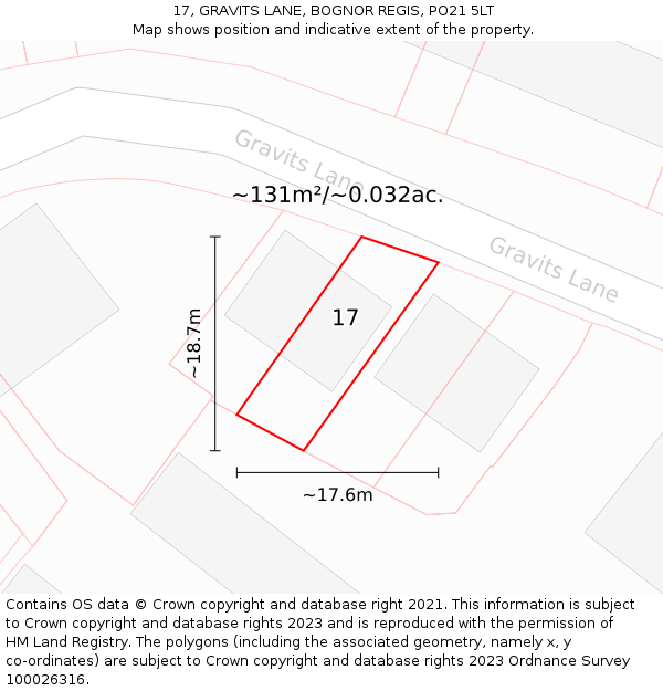 17, GRAVITS LANE, BOGNOR REGIS, PO21 5LT: Plot and title map