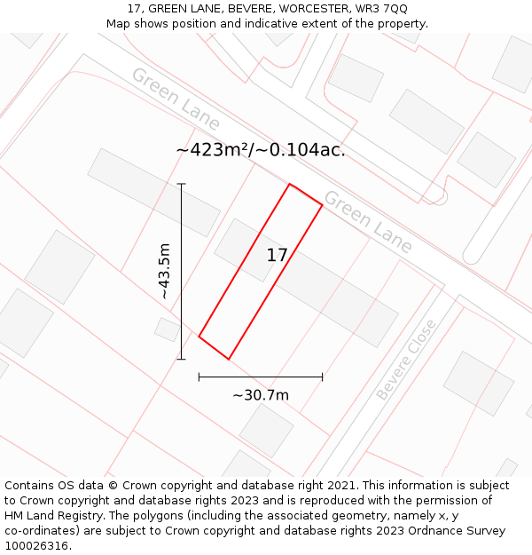 17, GREEN LANE, BEVERE, WORCESTER, WR3 7QQ: Plot and title map