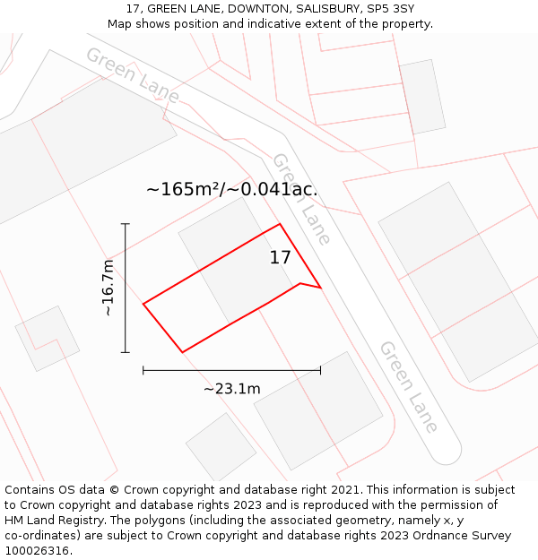 17, GREEN LANE, DOWNTON, SALISBURY, SP5 3SY: Plot and title map