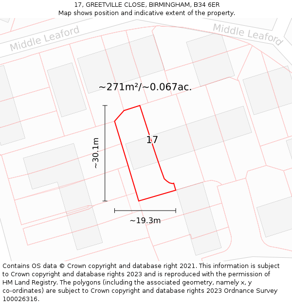 17, GREETVILLE CLOSE, BIRMINGHAM, B34 6ER: Plot and title map