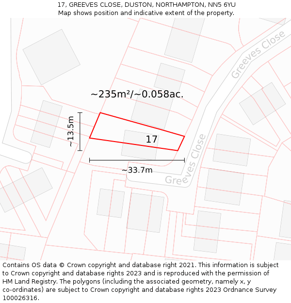 17, GREEVES CLOSE, DUSTON, NORTHAMPTON, NN5 6YU: Plot and title map