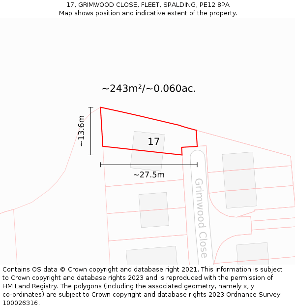 17, GRIMWOOD CLOSE, FLEET, SPALDING, PE12 8PA: Plot and title map