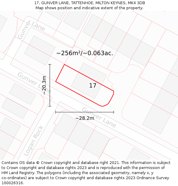 17, GUNVER LANE, TATTENHOE, MILTON KEYNES, MK4 3DB: Plot and title map