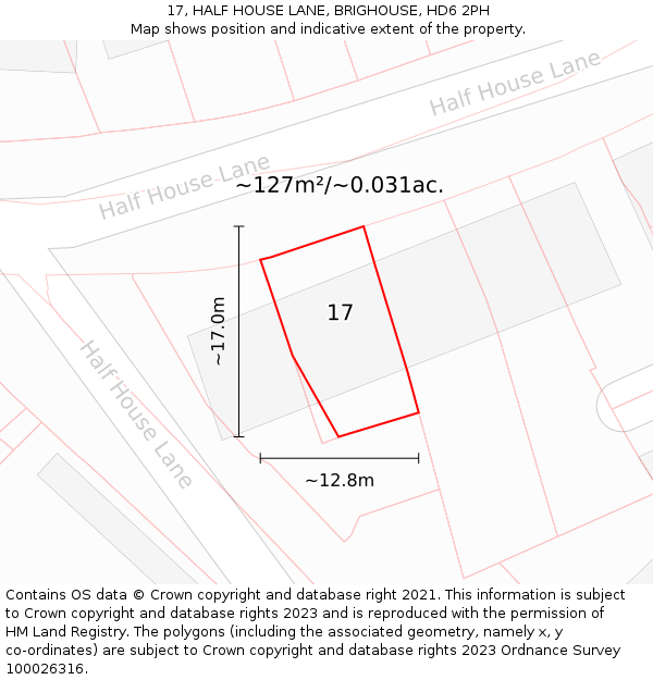 17, HALF HOUSE LANE, BRIGHOUSE, HD6 2PH: Plot and title map