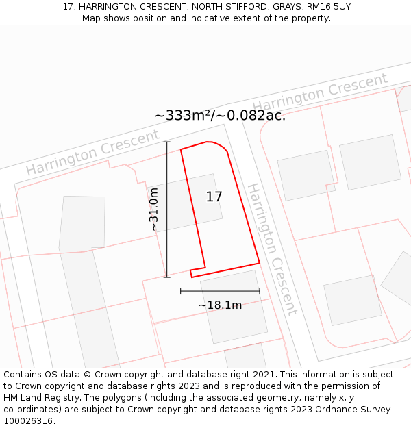 17, HARRINGTON CRESCENT, NORTH STIFFORD, GRAYS, RM16 5UY: Plot and title map