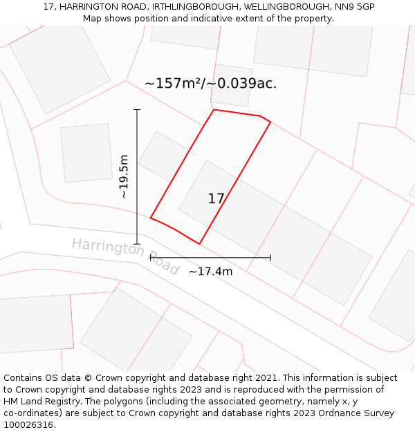 17, HARRINGTON ROAD, IRTHLINGBOROUGH, WELLINGBOROUGH, NN9 5GP: Plot and title map