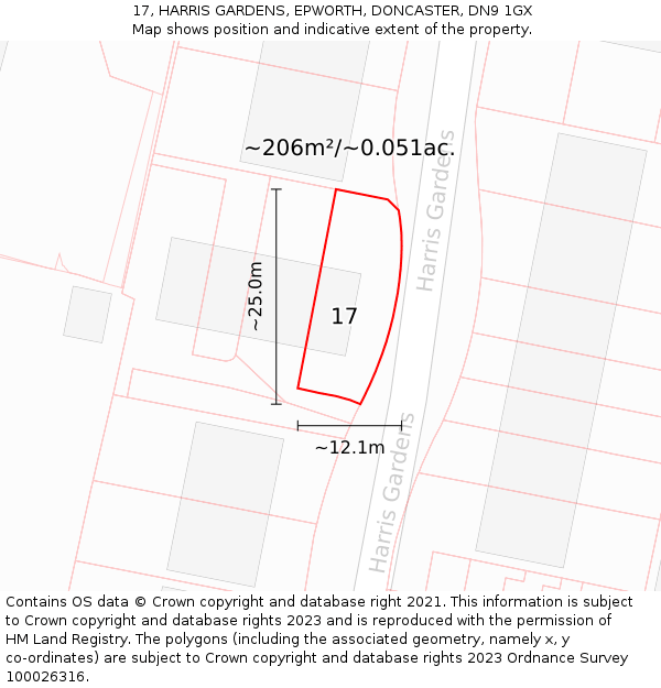 17, HARRIS GARDENS, EPWORTH, DONCASTER, DN9 1GX: Plot and title map