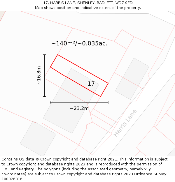 17, HARRIS LANE, SHENLEY, RADLETT, WD7 9ED: Plot and title map