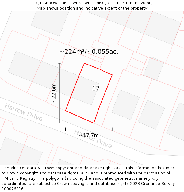 17, HARROW DRIVE, WEST WITTERING, CHICHESTER, PO20 8EJ: Plot and title map