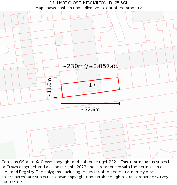 17, HART CLOSE, NEW MILTON, BH25 5GL: Plot and title map