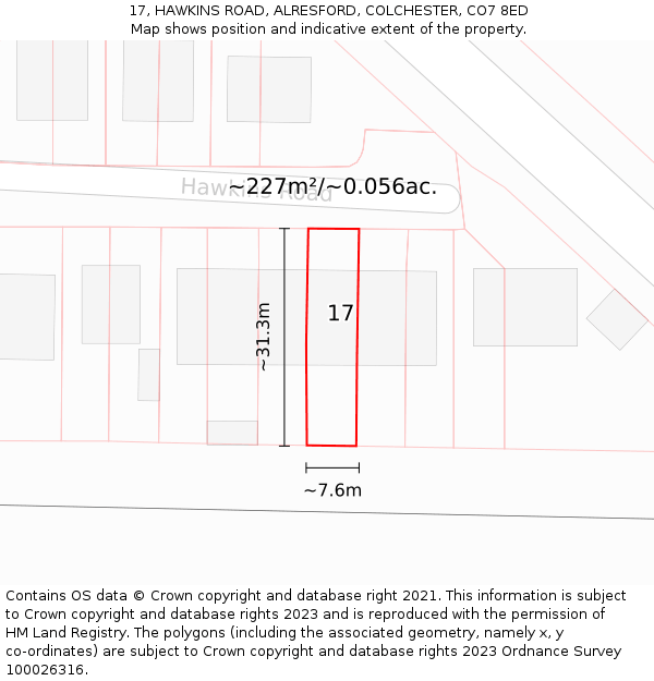 17, HAWKINS ROAD, ALRESFORD, COLCHESTER, CO7 8ED: Plot and title map