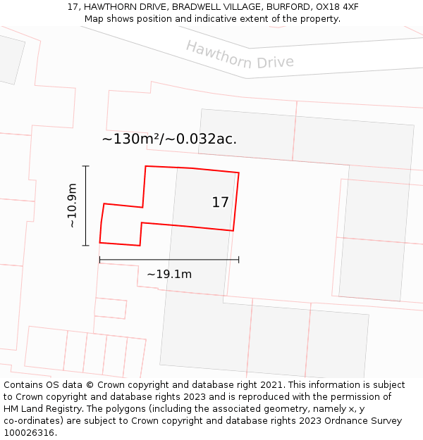 17, HAWTHORN DRIVE, BRADWELL VILLAGE, BURFORD, OX18 4XF: Plot and title map