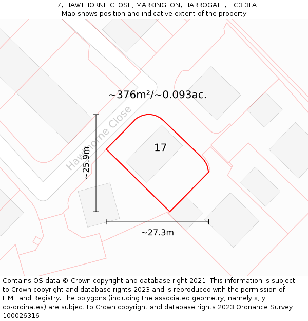 17, HAWTHORNE CLOSE, MARKINGTON, HARROGATE, HG3 3FA: Plot and title map