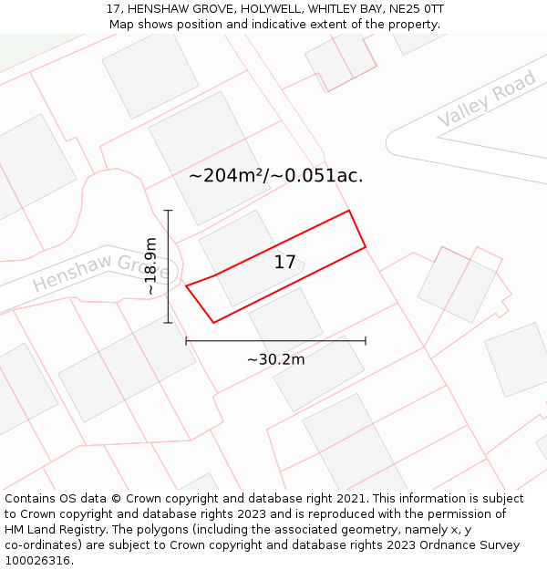 17, HENSHAW GROVE, HOLYWELL, WHITLEY BAY, NE25 0TT: Plot and title map