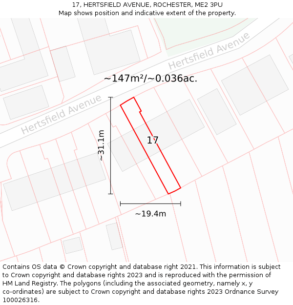 17, HERTSFIELD AVENUE, ROCHESTER, ME2 3PU: Plot and title map