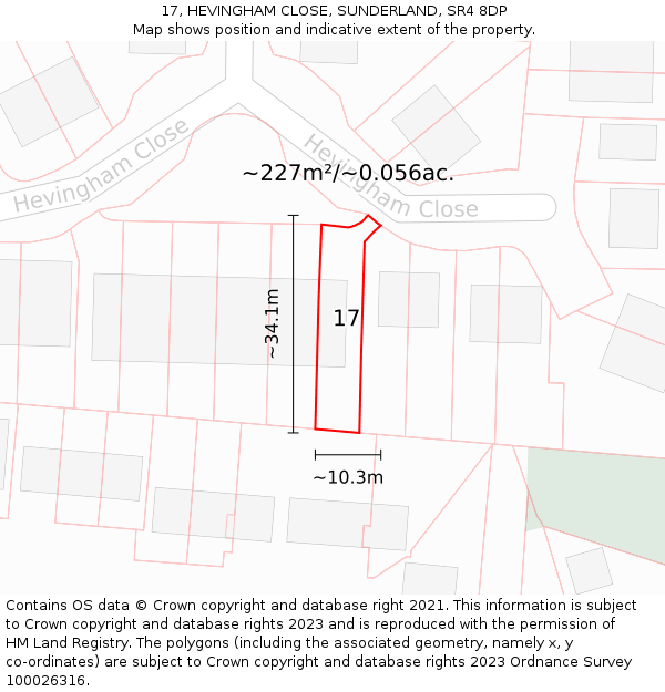 17, HEVINGHAM CLOSE, SUNDERLAND, SR4 8DP: Plot and title map