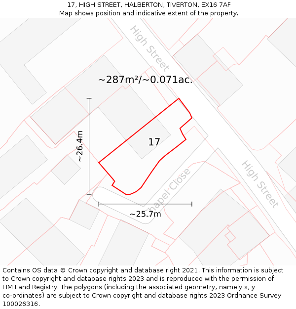 17, HIGH STREET, HALBERTON, TIVERTON, EX16 7AF: Plot and title map