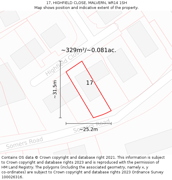 17, HIGHFIELD CLOSE, MALVERN, WR14 1SH: Plot and title map