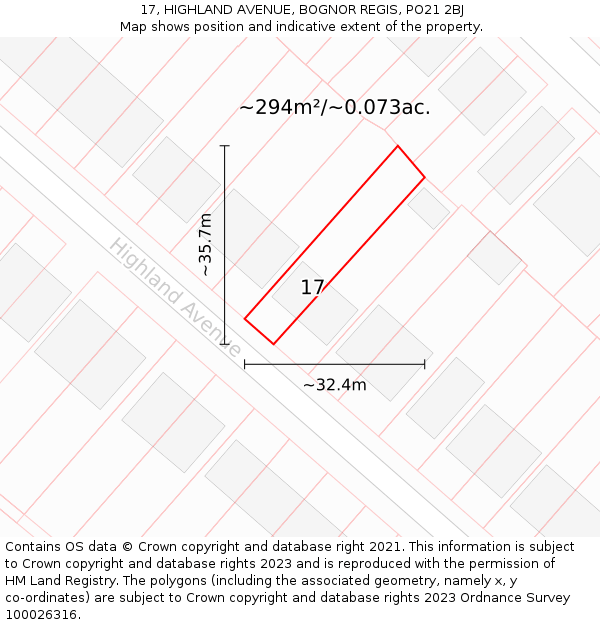 17, HIGHLAND AVENUE, BOGNOR REGIS, PO21 2BJ: Plot and title map