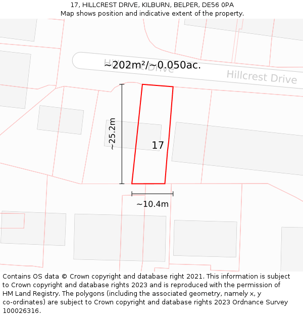 17, HILLCREST DRIVE, KILBURN, BELPER, DE56 0PA: Plot and title map