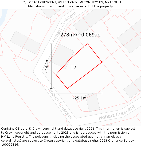 17, HOBART CRESCENT, WILLEN PARK, MILTON KEYNES, MK15 9HH: Plot and title map
