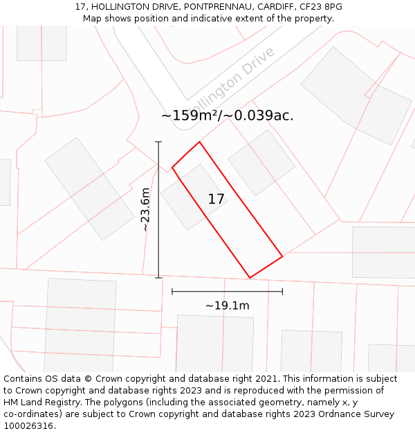 17, HOLLINGTON DRIVE, PONTPRENNAU, CARDIFF, CF23 8PG: Plot and title map