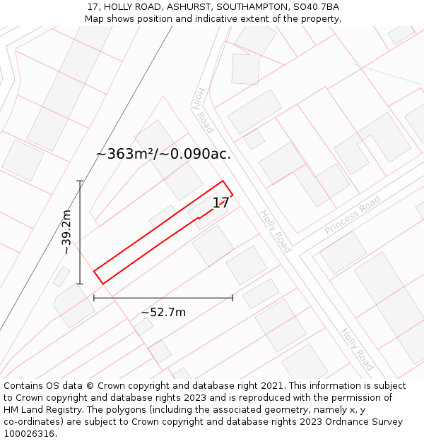 17, HOLLY ROAD, ASHURST, SOUTHAMPTON, SO40 7BA: Plot and title map