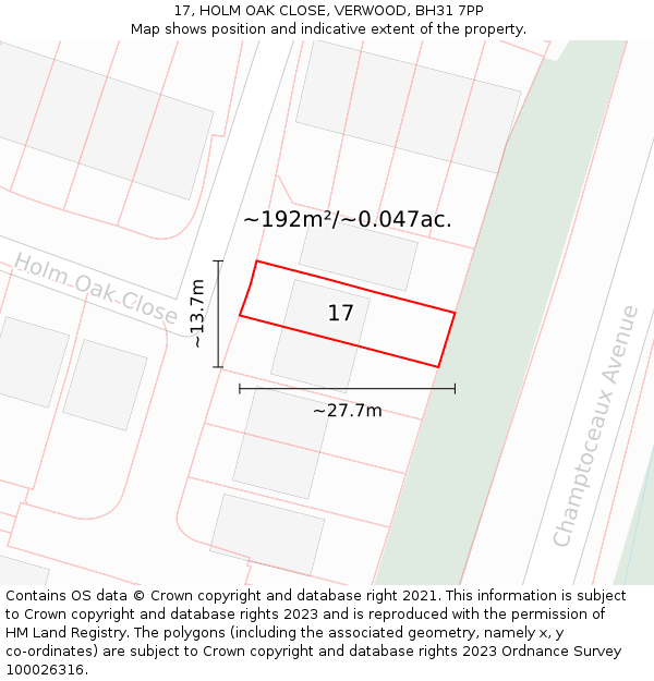 17, HOLM OAK CLOSE, VERWOOD, BH31 7PP: Plot and title map