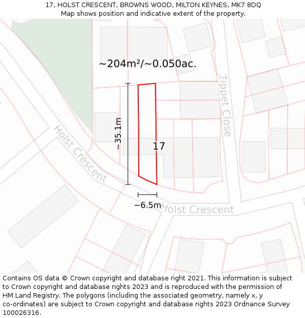 17, HOLST CRESCENT, BROWNS WOOD, MILTON KEYNES, MK7 8DQ: Plot and title map