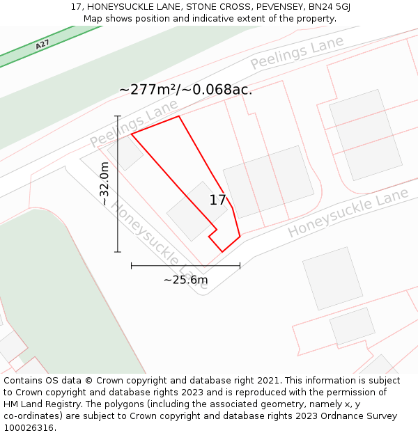 17, HONEYSUCKLE LANE, STONE CROSS, PEVENSEY, BN24 5GJ: Plot and title map