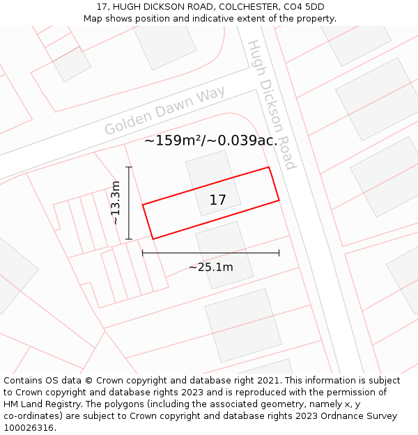 17, HUGH DICKSON ROAD, COLCHESTER, CO4 5DD: Plot and title map