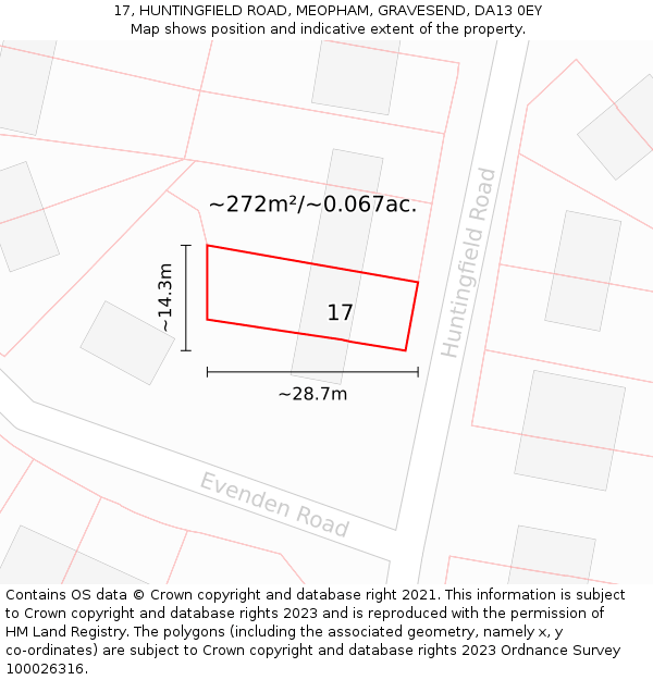 17, HUNTINGFIELD ROAD, MEOPHAM, GRAVESEND, DA13 0EY: Plot and title map