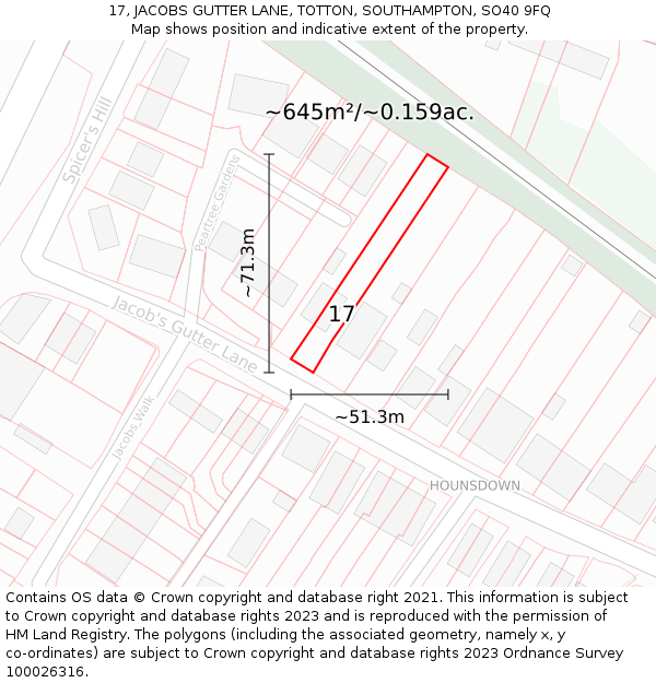 17, JACOBS GUTTER LANE, TOTTON, SOUTHAMPTON, SO40 9FQ: Plot and title map