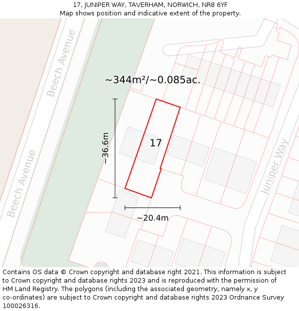 17, JUNIPER WAY, TAVERHAM, NORWICH, NR8 6YF: Plot and title map