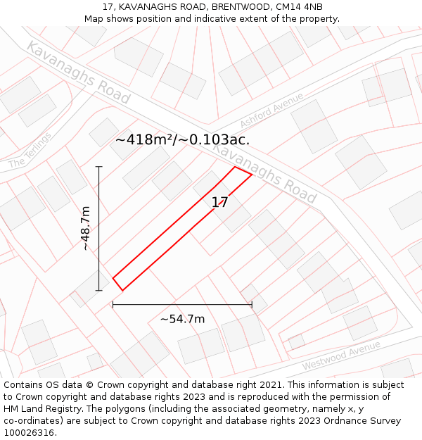 17, KAVANAGHS ROAD, BRENTWOOD, CM14 4NB: Plot and title map