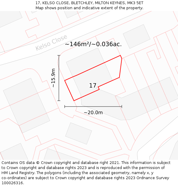 17, KELSO CLOSE, BLETCHLEY, MILTON KEYNES, MK3 5ET: Plot and title map