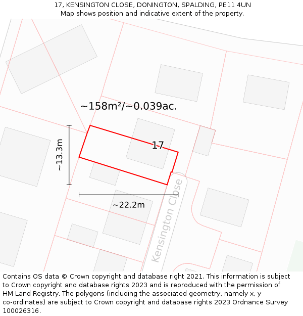 17, KENSINGTON CLOSE, DONINGTON, SPALDING, PE11 4UN: Plot and title map