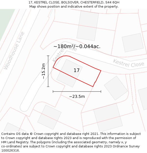 17, KESTREL CLOSE, BOLSOVER, CHESTERFIELD, S44 6QH: Plot and title map