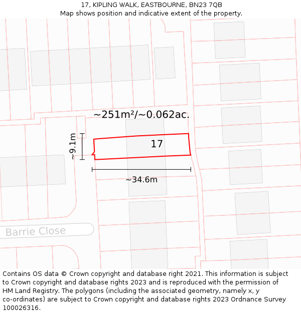 17, KIPLING WALK, EASTBOURNE, BN23 7QB: Plot and title map