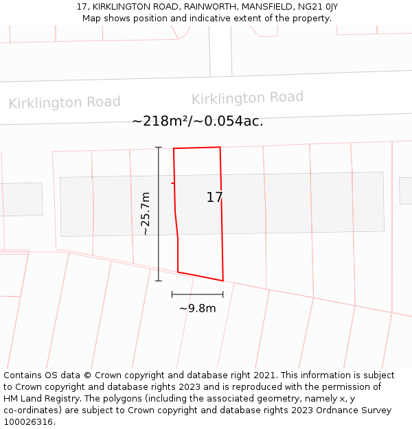 17, KIRKLINGTON ROAD, RAINWORTH, MANSFIELD, NG21 0JY: Plot and title map