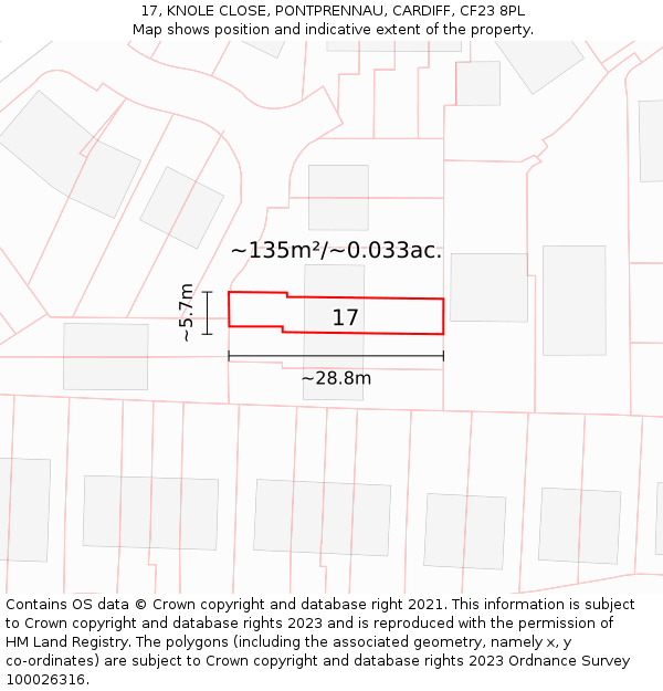 17, KNOLE CLOSE, PONTPRENNAU, CARDIFF, CF23 8PL: Plot and title map