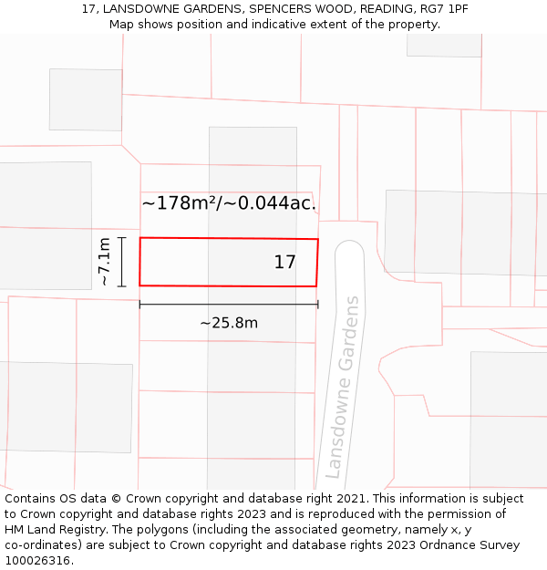 17, LANSDOWNE GARDENS, SPENCERS WOOD, READING, RG7 1PF: Plot and title map