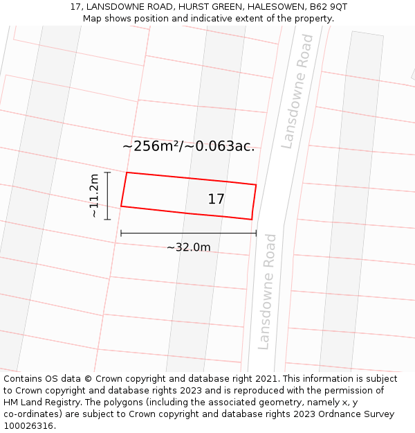 17, LANSDOWNE ROAD, HURST GREEN, HALESOWEN, B62 9QT: Plot and title map