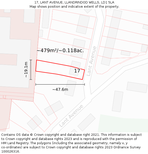 17, LANT AVENUE, LLANDRINDOD WELLS, LD1 5LA: Plot and title map