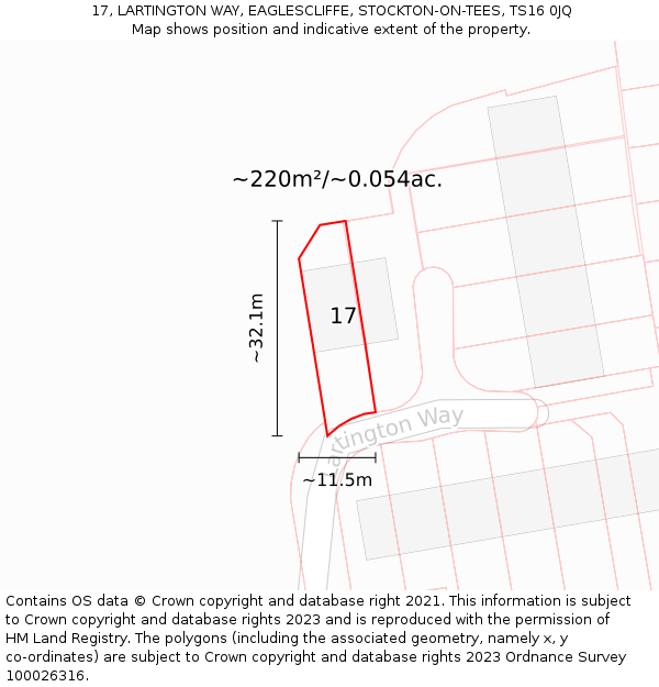 17, LARTINGTON WAY, EAGLESCLIFFE, STOCKTON-ON-TEES, TS16 0JQ: Plot and title map