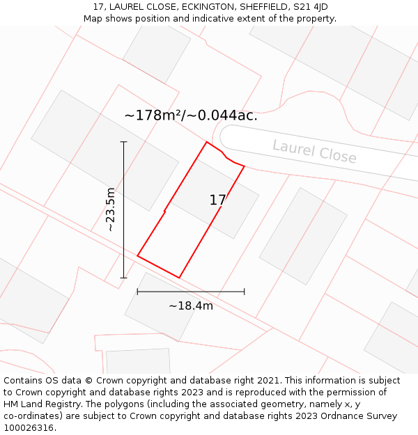 17, LAUREL CLOSE, ECKINGTON, SHEFFIELD, S21 4JD: Plot and title map
