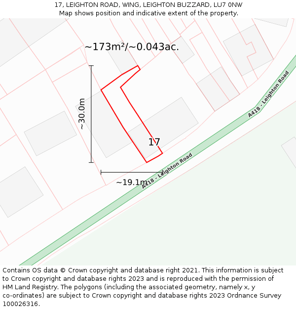 17, LEIGHTON ROAD, WING, LEIGHTON BUZZARD, LU7 0NW: Plot and title map