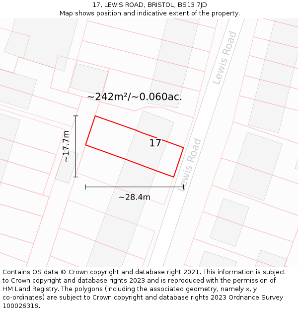 17, LEWIS ROAD, BRISTOL, BS13 7JD: Plot and title map