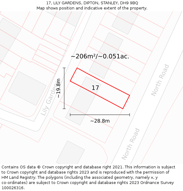 17, LILY GARDENS, DIPTON, STANLEY, DH9 9BQ: Plot and title map